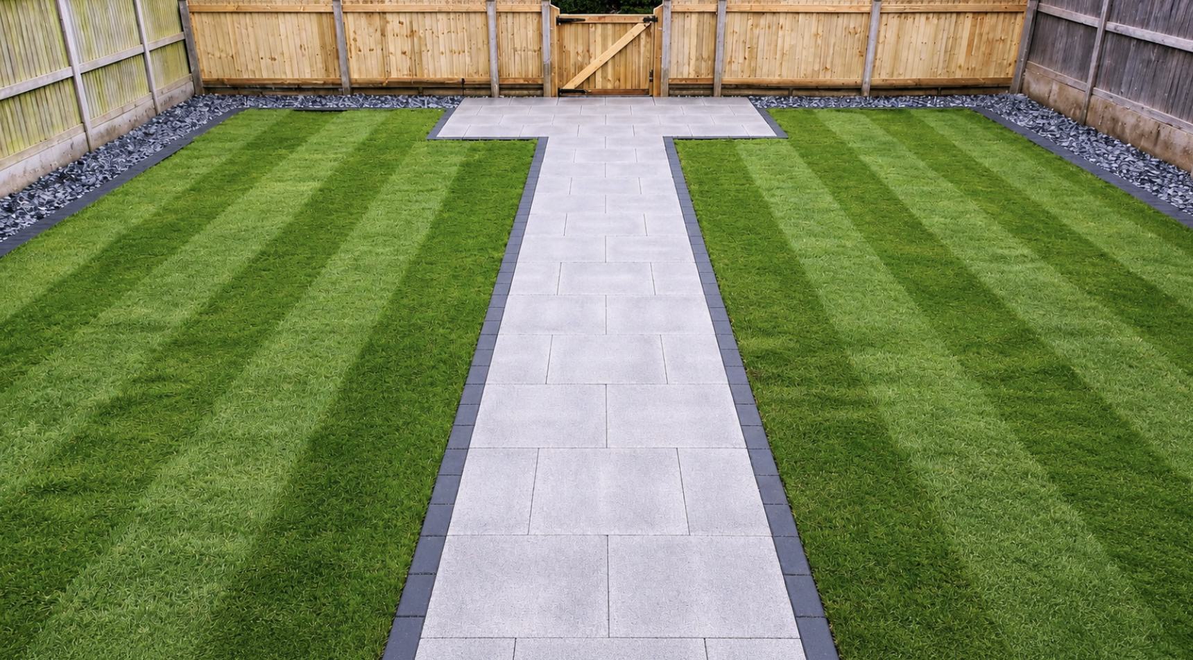 Striped lawns either side of a porcelain path in a new build garden